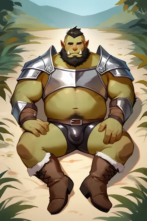 score_9, score_8_up, score_7_up, solo, male focus, chubby male, orc, green skin, tusks, beard, outdoors, micro armor , shoulder armor, breastplate, upper body , pauldrons, day, boots , (( black micro tight shorts )) , bulge , full body , laying spread legs...