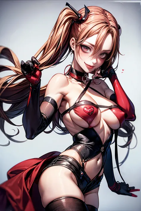 Harley Quinn、Bondage、Enamel shorts、Erotic pose、Approaching the viewer with tongue out、Licking my tongue、Random pose、A flattering expression、Erotic look、Moist eyes、Streaks、Nipple swelling