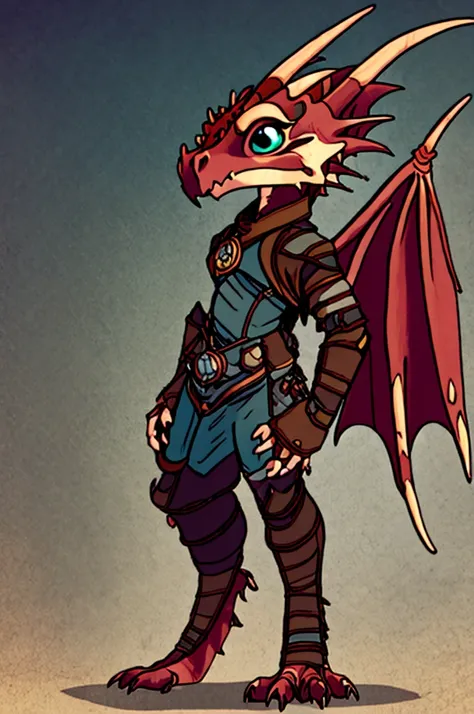 (((male, solo, winged kobold boy, dark red scales,fantasy clothes, artficer,steampunk, dragon wings, dragon tail, small, chibi))...