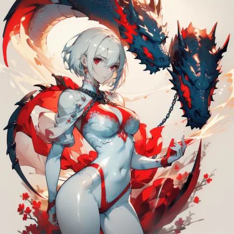 ((masterpiece, best quality)), Delicate face，Dragon Rider，Standing picture，whole body，Perfect body proportions，Long legs，Handsome short hair，Nice red eyes，Fantasy style，White background，Extremely beautiful，transparent，Pure white armor，Sexy bikini，Flame Sur...