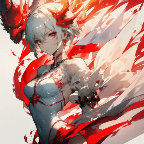 ((masterpiece, best quality)), Delicate face，Dragon Rider，Standing picture，whole body，Perfect body proportions，Long legs，Handsome short hair，Nice red eyes，Fantasy style，White background，Extremely beautiful，transparent，Pure white armor，Sexy bikini，Flame Sur...