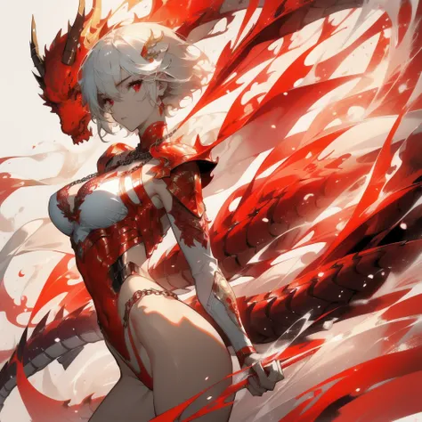 ((masterpiece, best quality)), Delicate face，Dragon Rider，Standing picture，whole body，Perfect body proportions，Long legs，Handsome short hair，Nice red eyes，Fantasy style，White background，Extremely beautiful，transparent，Pure white armor，Sexy bikini，Flame Sur...