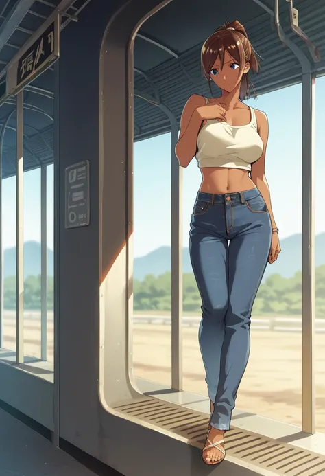 human, ((1girls)), 18 years old, beautiful, ponytail, brown hair, black eyes, Crop top with wide leg jeans outfit, Z cup breasts, ((brown skin)), fair body, 1m78, deserted, ((Takeda Hiromitsu style)), Large Vail, train station