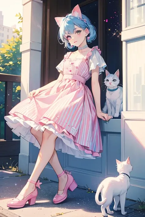 Independent Meow has glittery blue hair in the same style as Independent Queen, She has Mis-Match Pink and white shoes, she has an overall styled clothes that are white with pink stripes with blue glittery skirt and straps. She is a white cat with pink str...