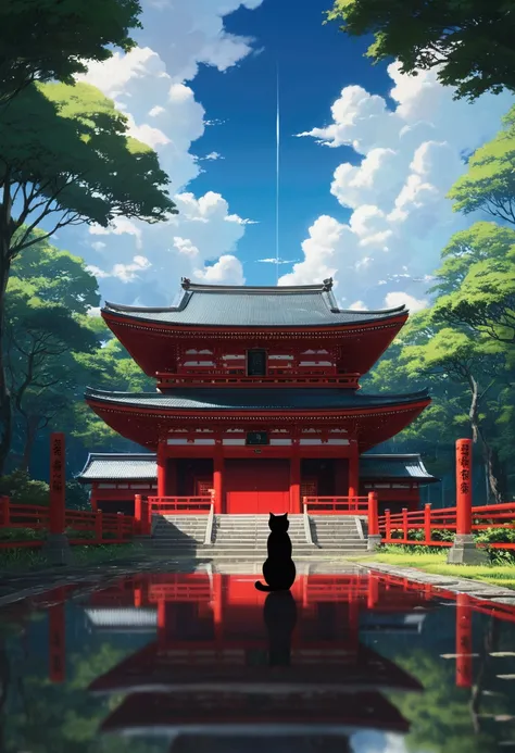 Makoto Shinkai Taste, Beautiful sky, Reflection of light, black cat, in the forest, (red shrine, red temple), nature, rainy day, cloudy sky, (one and only one), cat ghost, single, country town, cat god