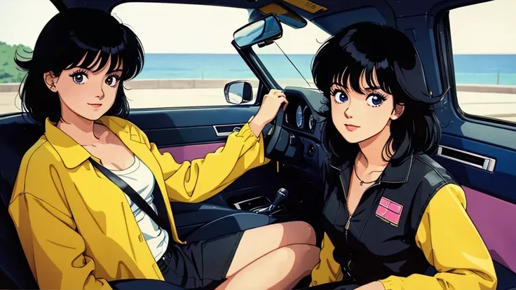 One beautiful energetic woman、Black Hair、sitting in the passenger seat of a car、８０Retro anime style of the 1980s、Vivid colors、Image of a woman from inside a car、