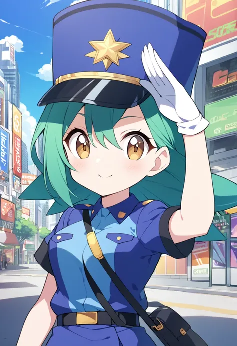 score_9, score_8_up, score_7_up, score_6_up, source_anime, break 1girl pkmnjenny, green hair, blue hat, police uniform, blue shi...