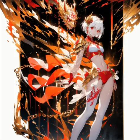 ((masterpiece, best quality)), Delicate face，Dragon Rider，Golden Chinese Dragon，Standing picture，whole body，Perfect body proportions，Long legs，Handsome short hair，Nice red eyes，Fantasy style，White background，Extremely beautiful，transparent，Pure white armor...