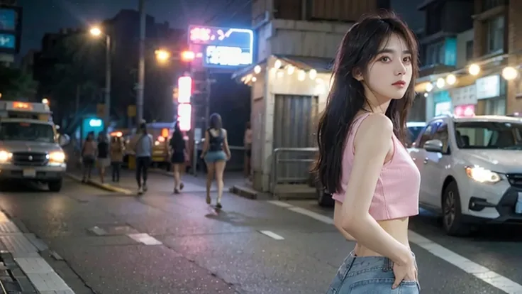 a beautiful woman in a pink crop top and denim shorts, looking back at the camera, surrounded by the bokeh lights of a night city street