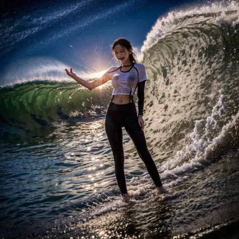 (ZoomedOut:1.28, Wide-shot) ZoomLayer (Epic photo of surfer magazine:1.37). (Full of Water, Everything Wetted:1.4) WetHair (extremely detailed Cute Girl)(SparklingHighlights:1.28), Dynamic Joyful Expressions LifeLike Rendering  . Overflowing Gigantic Sideb...