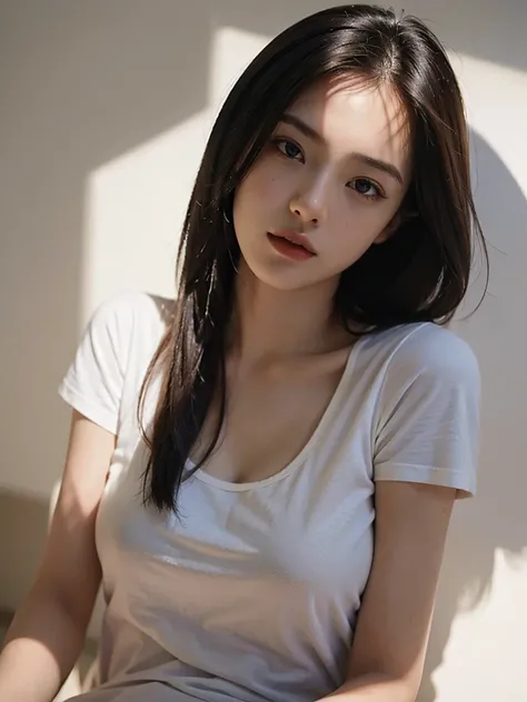 Highest quality、masterpiece、Ultra-high resolution、(Realism:1.4)、1 girl、In a pale background、Deep Shadow、Low Key、Shortcuts、Upper Body、sex appeal、Wearing a T-shirt