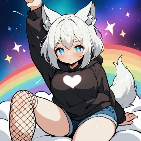 a cute adult male with wolf ears, long white hair, long locks, has a wolf tail, wearing a loose cropped black hoodie, wearing a ...