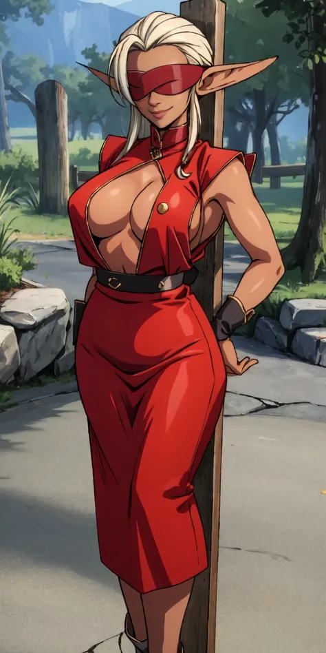 Appearance:
Race: Female Dark Elf
Skin: Dark
Eyes: Blindfolded
Expression: Smiling
Mouth: Closed
Body Type: Maternal
Chest: Large, covered with clothing
Pose:
Standing by a wooden pole, looking down at the viewer