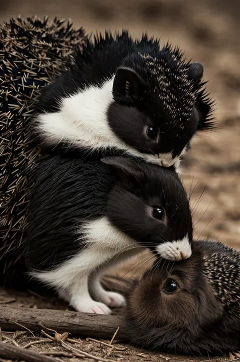 A rabbit kissing a black hedgehog 