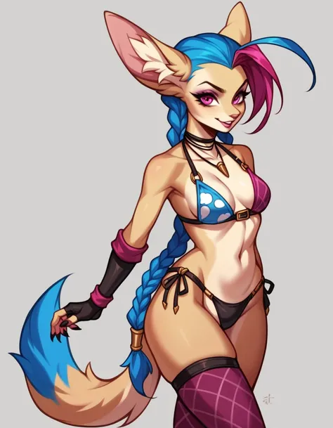 Solo, score_9, score_8_up, score_7_up, score_6_up, score_5_up, score_4_up, source_furry, jinx league of legends, she is an Anthro furry white fennec fox, all white furry boy, snout, tail, pink eyes, standing, simple background, wearing blue string bikini, ...