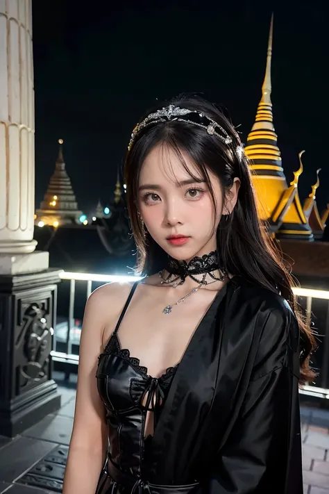 Create the image of a young girl of 20 years, Thai, cute, who has silver and bright eyes, he is a sorcerer, from the narix up he wears a black mask and wears black gala clothes, behind him, rising in the night, has a Victorian mansion of stone. NIGHT SCENE...