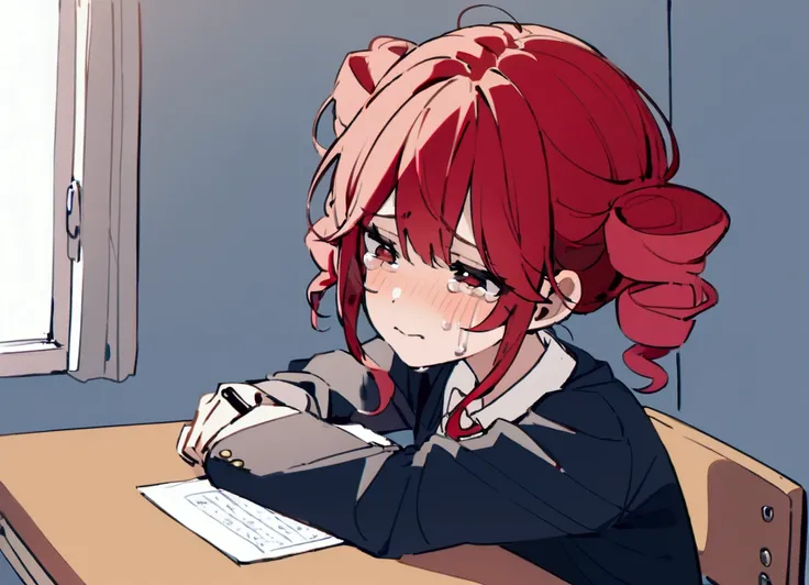 Girl, red hair, school blazer, crying, sitting at desk, taking written test