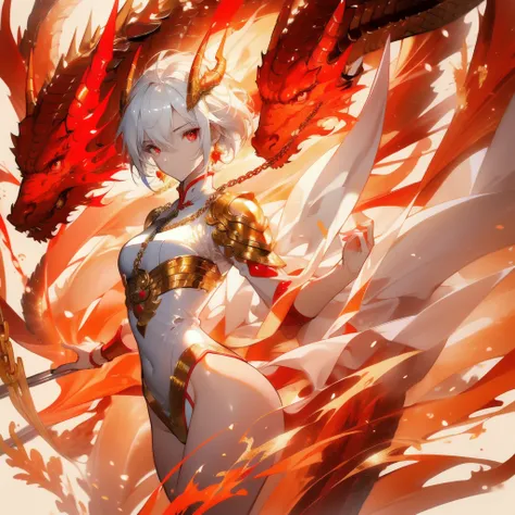 ((masterpiece, best quality)), Delicate face，Dragon Rider，Golden Chinese Dragon，Standing picture，whole body，Perfect body proportions，Long legs，Handsome short hair，Nice red eyes，Fantasy style，White background，Extremely beautiful，transparent，Pure white armor...