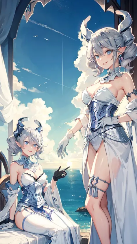 Beautiful arts wallpaper Sunset Outside castle top  High level image quality　best image quality　8K　 adult woman   silver castle outside  more colors   whole body view　portrait　 bikini blue   　horn    ears  　short hair（（shortcut）（gray hair）（perm）（fluffy））　e...