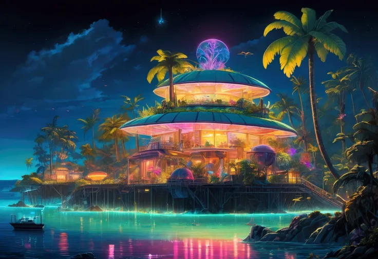 A tropical island filled with (Neon glow, bio mechanical animals), the fruits on the trees are bioluminescent, island at night lit by the animals and fruirs, view along coast
