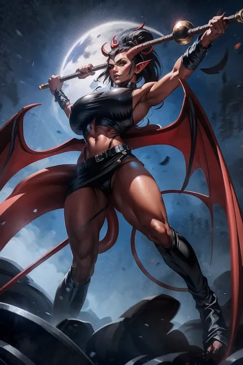 Red skin succubus tiefling, digitigrade legs, medium breasts, black horns, wings, huge tail, black leather, crop top, long flowing pelvic curtain, tall, toned, graceful, thin, long black ponytail. Action scene, whip. Dark scene, explosions, night sky.