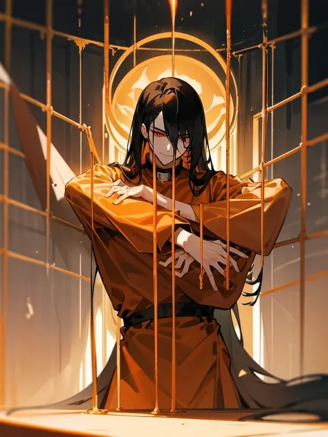 a man, Black long straight hair, dark red eyes, Slender and tall, prisoner, Perfect male body, Looking at the camera, (Orange prison uniform, Hold your arms tight, Smile, cell), portrait, Dramatic shadows, Prisoner, Chained, Cage