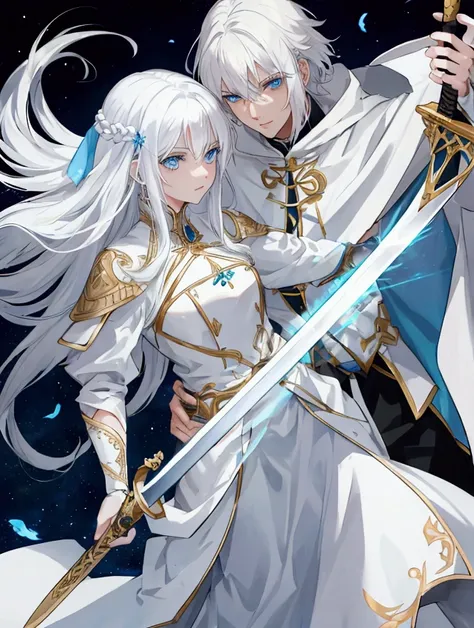 white hair,light blue eyes,man, sword