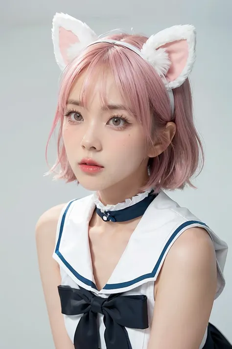 skistyle, 1girl, solo, pink hair, animal ears, blue eyes, wings, looking at viewer, mole, bangs, short hair, bow, sailor collar,...