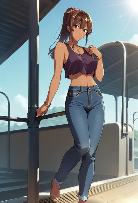 human, ((1girls)), 18 years old, beautiful, ponytail, brown hair, black eyes, ((eyes 1:1)) Crop top with wide leg jeans outfit, Z cup breasts, ((brown skin)), fair body, 1m78, deserted, ((Takeda Hiromitsu style)), Large Vail, train station HD,