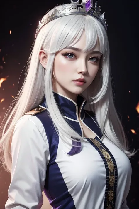 free fire style female character, white loose hair , with a crown, with an ancient mask , purples eyes, with a navy-looking blouse 