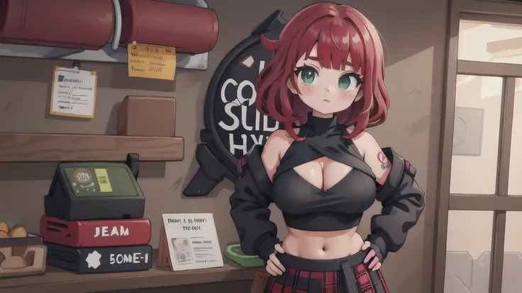 woman, curly red pixie cut hair, green eyes, wearing crop top black shirt, long black jacket, red plaid skirt, black fingerless gloves, exposed shoulders, large breasts freckles, cleavage, abs, looking at viewer, masterpiece, best quality, Holo-Punk Style