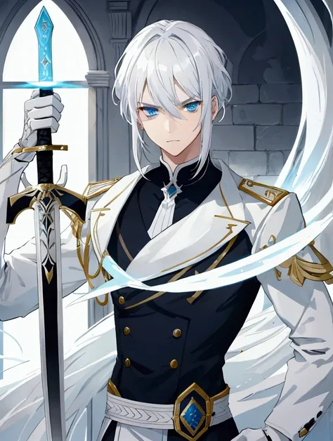 white hair,light blue eyes,man, sword
