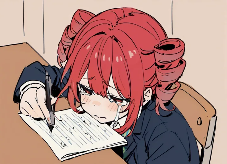 Girl, red hair, school blazer, crying, sitting at desk, taking written test, holding pen