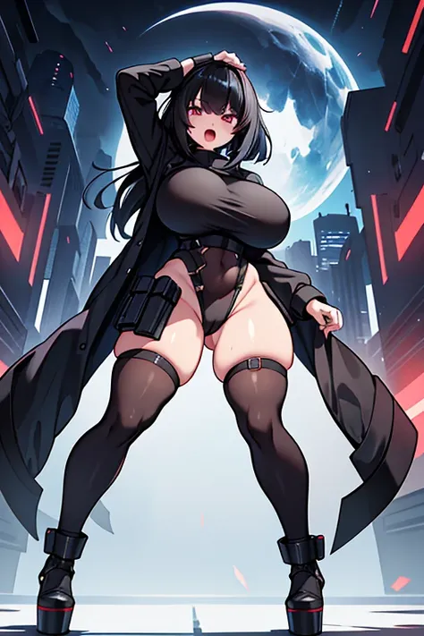 military cyberpunk, battle, tight stockings, angry scream, Open mouth, young girl, Pullover, whole body to see, very long hair, (( very wide hips)), (((colossal Thighs, gigantic thighs, very huge thighs, very big thighs))), fullbody, platform heels, pale s...