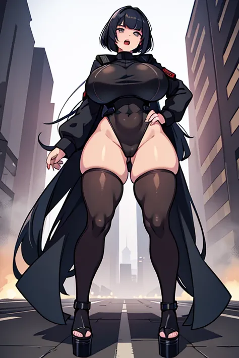 military cyberpunk, battle, tight stockings, angry scream, Open mouth, young girl, Pullover, whole body to see, very long hair, (( very wide hips)), (((colossal Thighs, gigantic thighs, very huge thighs, very big thighs))), fullbody, platform heels, pale s...