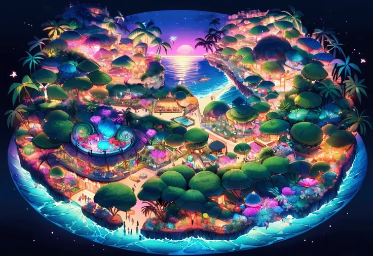 A tropical island filled with (Neon glow, bio mechanical animals), the fruits on the trees are bioluminescent, island at night lit by the animals and fruirs, view along coast
