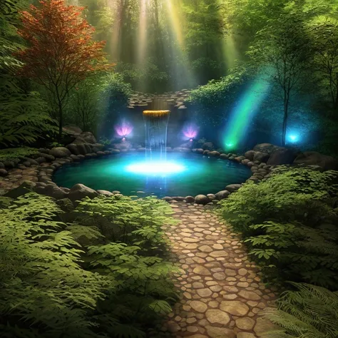 rainbowcolored multiglowing fountain of youth in the deep green forest, from below, rainbowcolored glowing butterflies, cinematic angle, realistic, hyper-realistic, photorealistic, (best quality,4k,8k,highres,masterpiece:1.2),ultra-detailed,(realistic,phot...