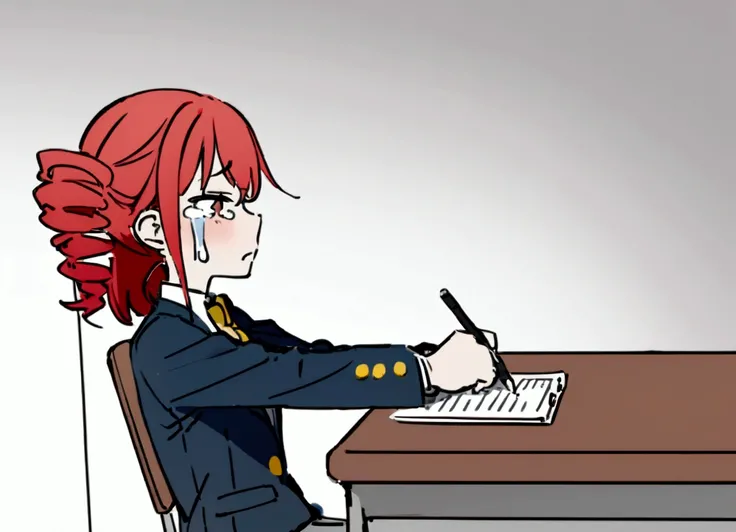 Girl, red hair, school blazer, crying, sitting at desk, taking written test, holding pen