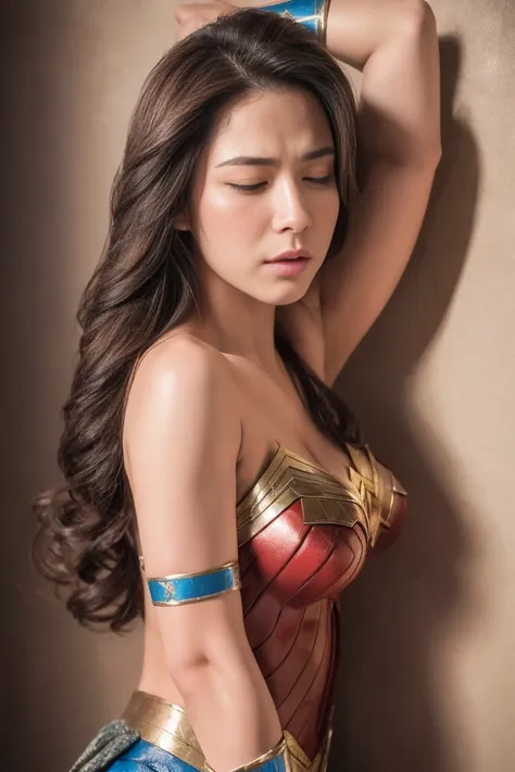 drop down,on my back,downward,lie,perfect wonder woman costume,sleeping face,close ~ eyes,,tired face,face of suffering,sleeping...