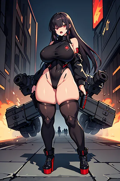 military cyberpunk, battle, angry scream, Open mouth, young girl, Pullover, whole body to see, (( very wide hips)), (((colossal Thighs, gigantic thighs, very huge thighs, very big thighs))), fullbody, platform heels, pale skin, very Big breast, firm breast...