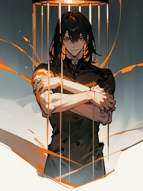 a man, Black long straight hair, dark red eyes, Slender and tall, prisoner, Perfect male body, Looking at the camera, (Orange prison uniform, Hold your arms tight, Smile, cell), portrait, Dramatic shadows, Prisoner, Chained, Cage