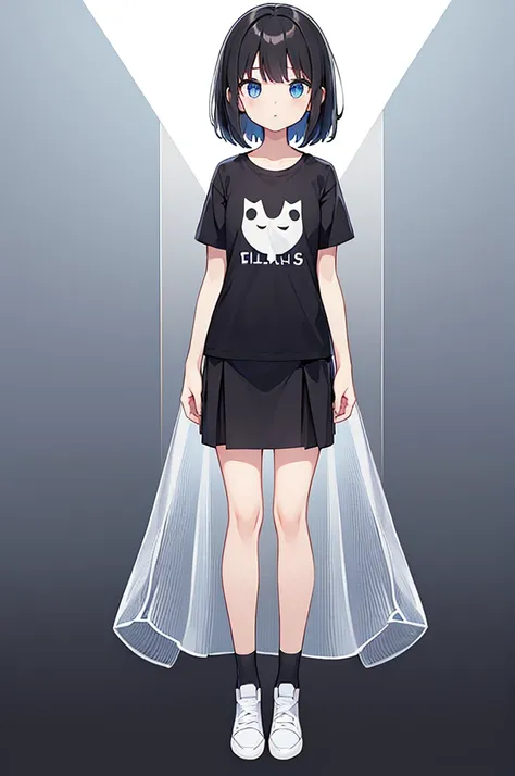 Full body ,dynamic Standing ,(เหมือนจริง:1.37)、1girl, solo, blue eyes, (detailed eyes), flat chest, short hair, black hair, ((black t-shirt)), simple t-shirt, black skirt, black socks, standing, upper body, (white background), Transparent background, looki...