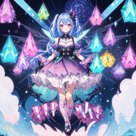 1girl、Star Fairy、Star incarnation、Character design front view、A picture facing the viewer、Cute original black and magenta clothes、(((Super detailed、Highest quality、Masterpiece)))、Original cute hairstyle、Milky white and blue hair color、Simple Green Backgrou...