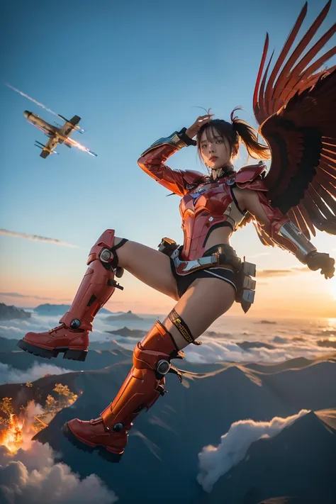 1girl, absurd resolution, high resolution, (masterpiece: 1.4), hyper-detail, a mech, red armor with red wings, floating flight i...