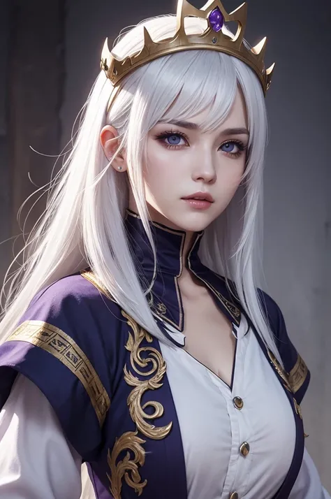 free fire style female character, loose white hair , with a crown, with an ancient mask , purples eyes, with a navy style blouse