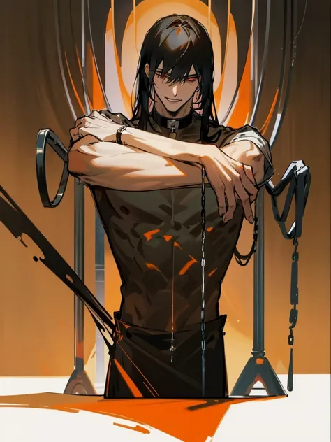 a man, Black long straight hair, dark red eyes, Slender and tall, prisoner, Perfect male body, Looking at the camera, (Orange prison uniform, Hold your arms tight, Smile, cell), portrait, Dramatic shadows, Prisoner, Chained, Cage