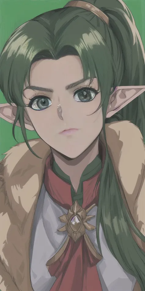 8k, 4k, (highres:1.1), best quality, (masterpiece:1.3), 1990s (style), retro artstyle, fantasy, background, portrait, face, 3/4 angle, 1girl female elf, Caucasian, dark green hair, absurdly long hair, split ponytail