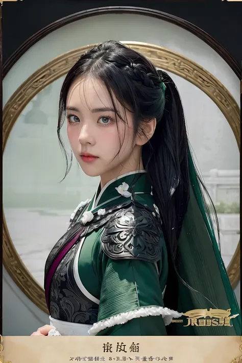 1 girl, heroine, handsome, splashed ink, chinese armor, (upper body), black hair, floating hair, delicate eyes, black and green ...