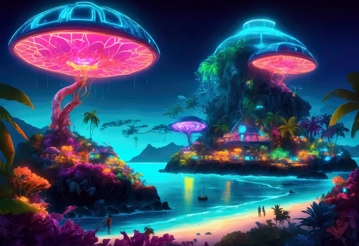 A tropical island filled with (Neon glow, bio mechanical animals), the fruits on the trees are bioluminescent, island at night lit by the animals and fruirs, view along coast
