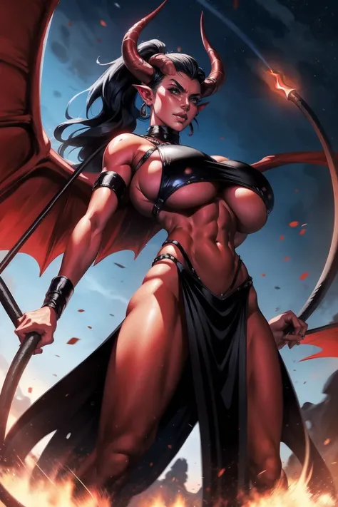 Red skin succubus tiefling, medium breasts, black horns, wings, huge tail, black leather, crop top, underboob, long flowing pelvic curtain, tall, toned, graceful, thin, long black ponytail. Action scene, whip. Dark scene, explosions, night sky.